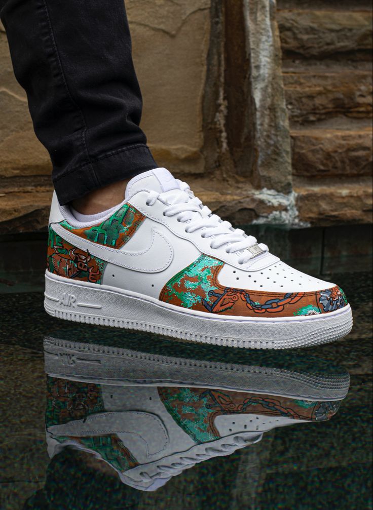 Custom Air Force 1 Shoes with Pirate Pattern Green and Orange