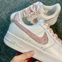 Custom Air Force 1 White And Baby Pink With Croc - Embossed Pattern And Satin Laces