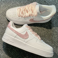 Custom Air Force 1 White And Baby Pink With Croc - Embossed Pattern And Satin Laces