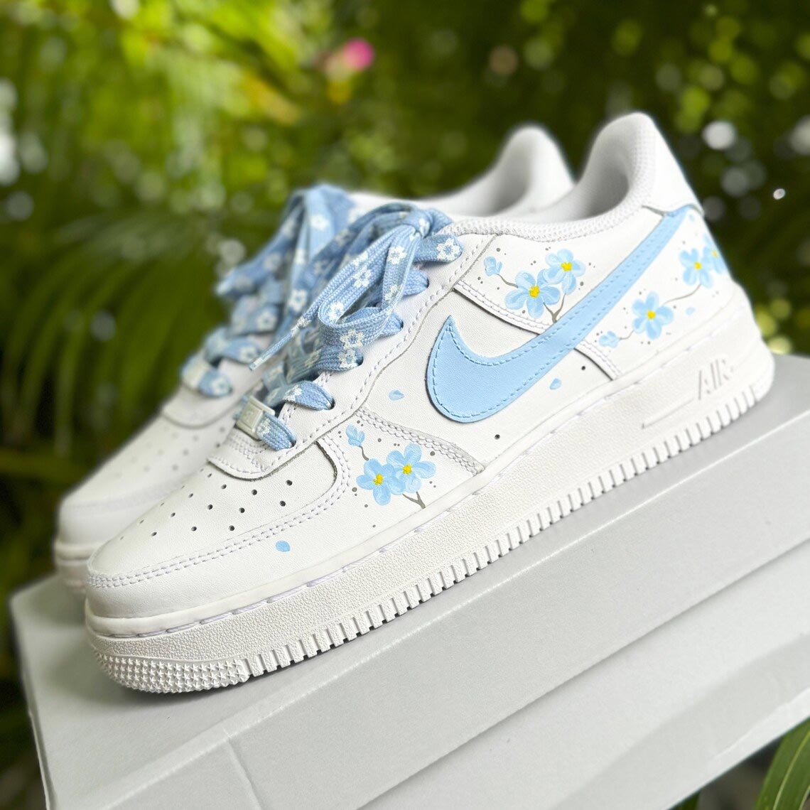 Custom Air Force 1 White Baby Blue Floral Pattern