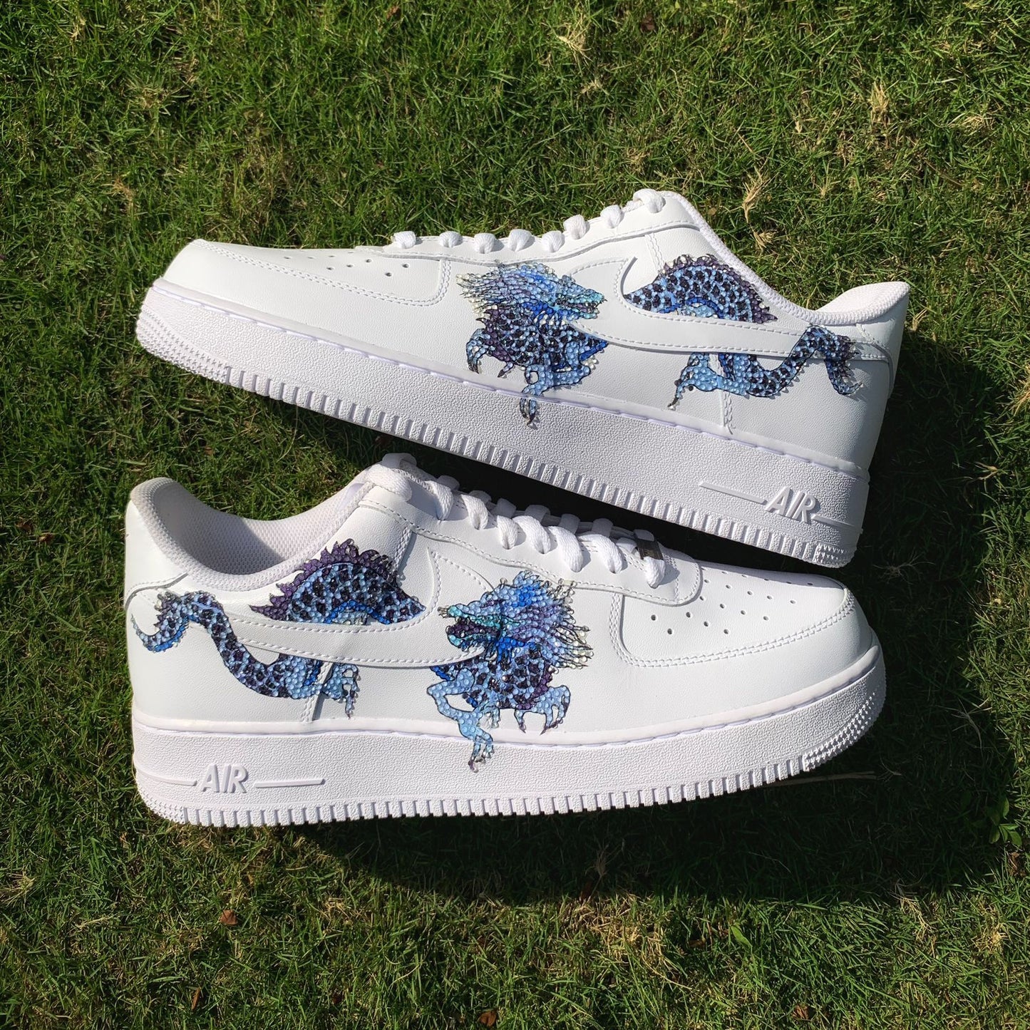Custom Air Force 1 White Blue Dragon With Rhinestones