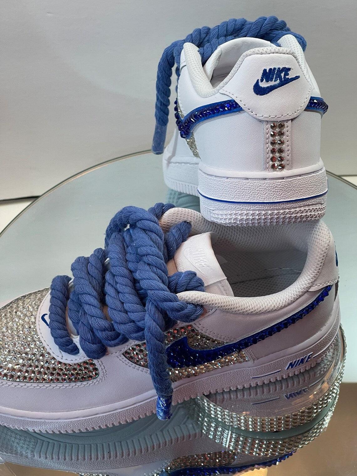 Custom Air Force 1 White Blue With Rhinestones And Thick Blue Laces
