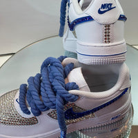 Custom Air Force 1 White Blue With Rhinestones And Thick Blue Laces