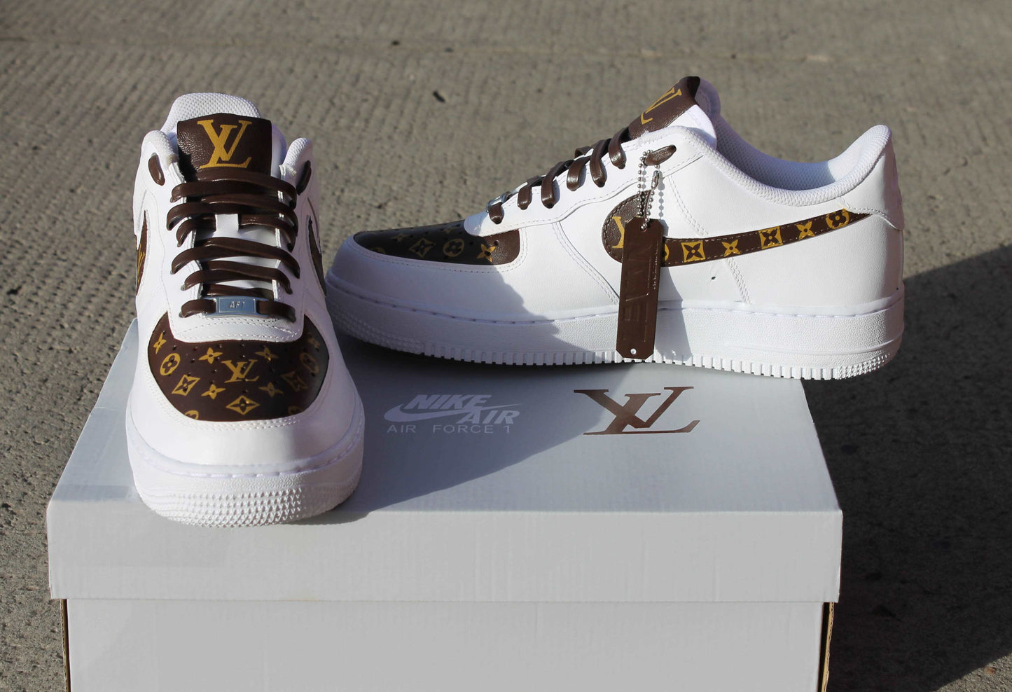 Custom Air Force 1 White Brown With LV Design And Tag