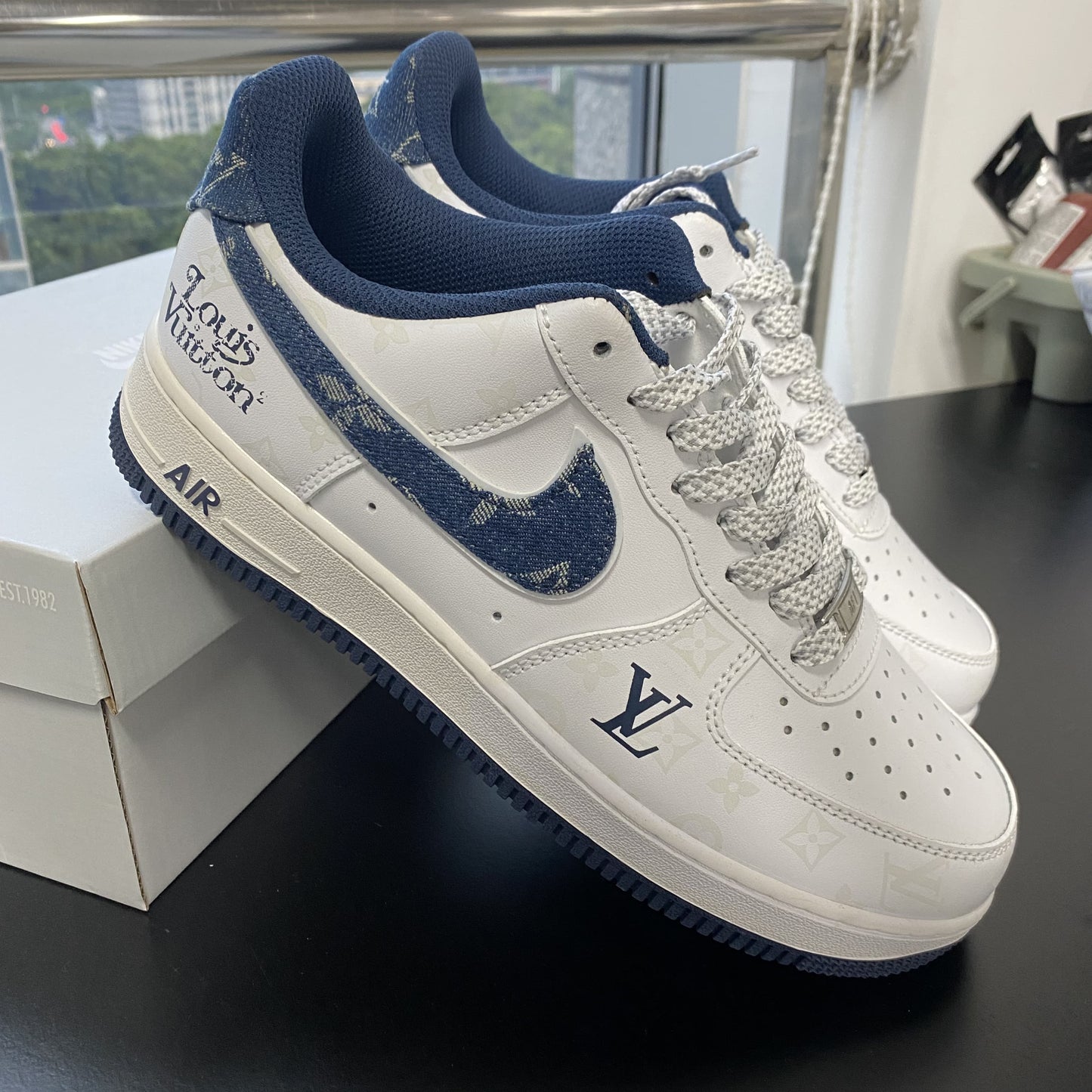 Custom Air Force 1 White Dark Blue With LV Pattern