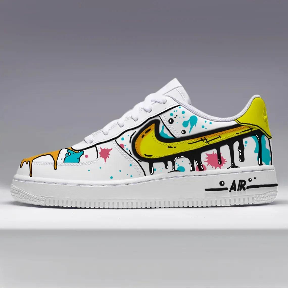 Custom Air Force 1 White Graffiti Splash Yellow Swoosh Dripping