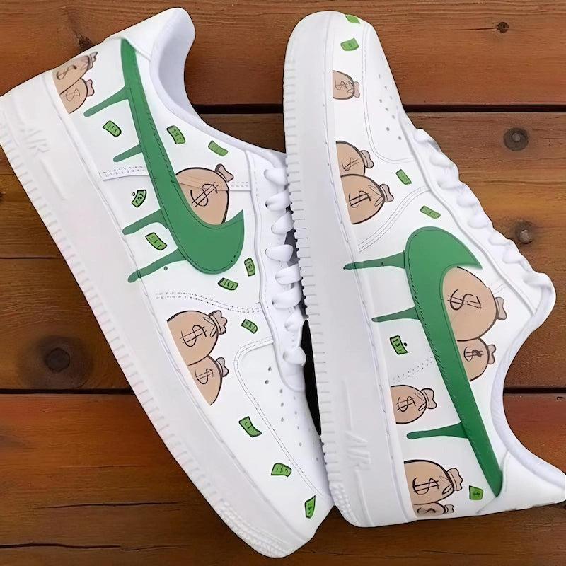Custom Air Force 1 White Green Drip Swoosh Money Bag Pattern