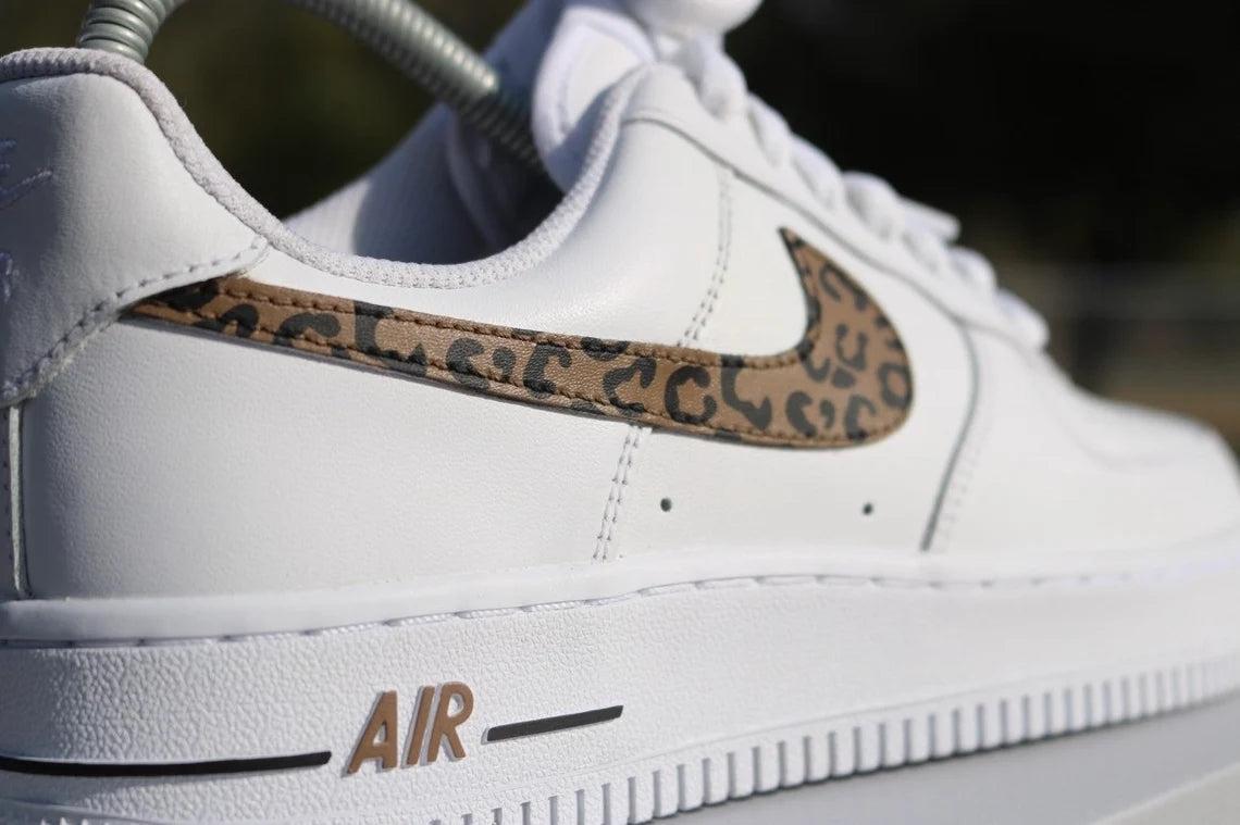 Custom Air Force 1 White Khaki Leopard Print Swoosh