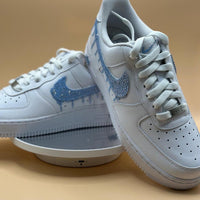 Custom Air Force 1 White Light Blue Dripping Rhinestones Swoosh