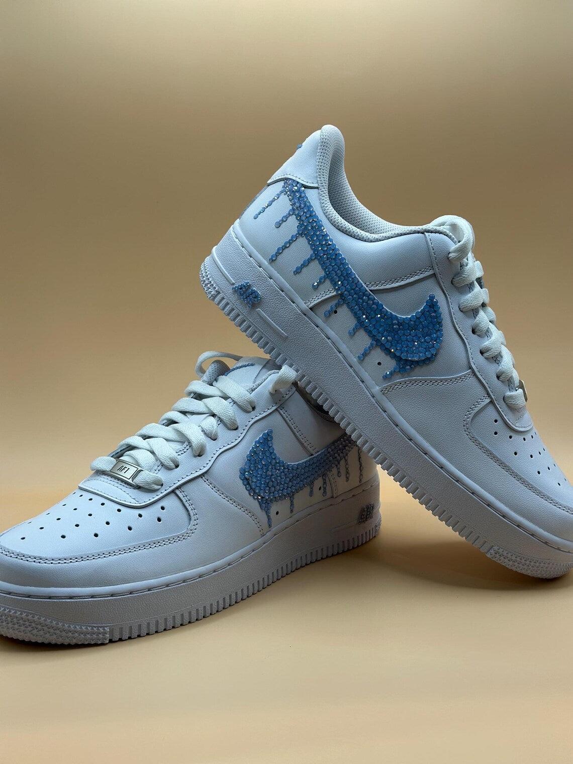 Custom Air Force 1 White Light Blue Dripping Rhinestones Swoosh