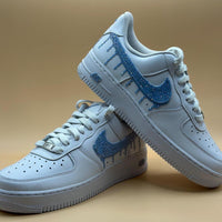 Custom Air Force 1 White Light Blue Dripping Rhinestones Swoosh