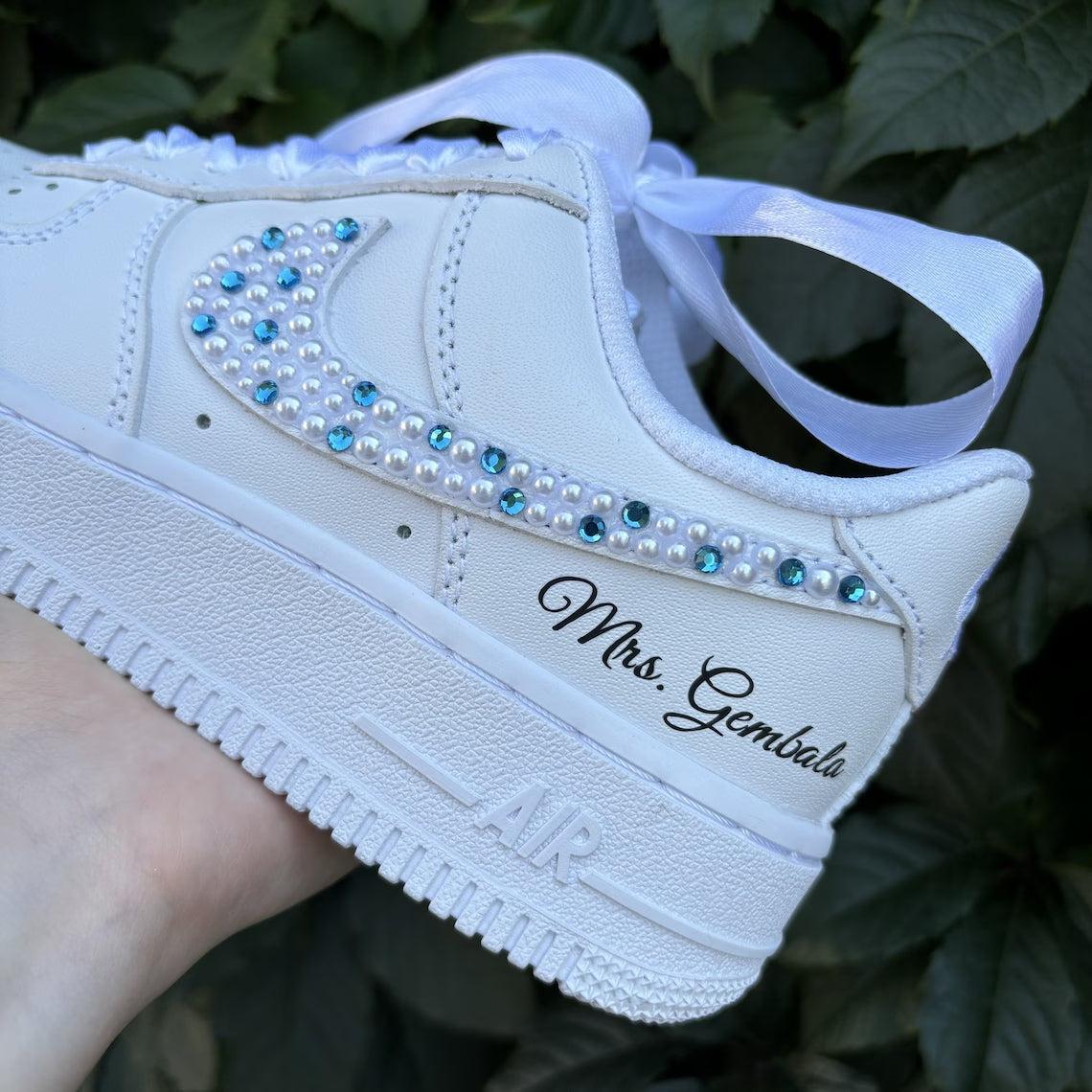 Custom Air Force 1 White Pearl And Rhinestone Embellishments