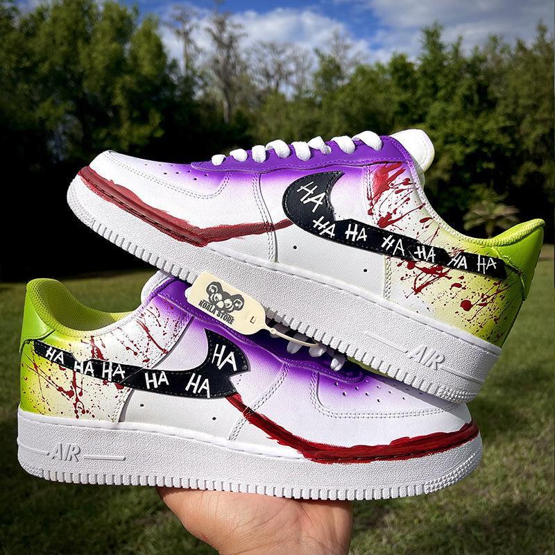 Custom Air Force 1 White Purple Green With HA HA Text And Blood - Splatter Pattern