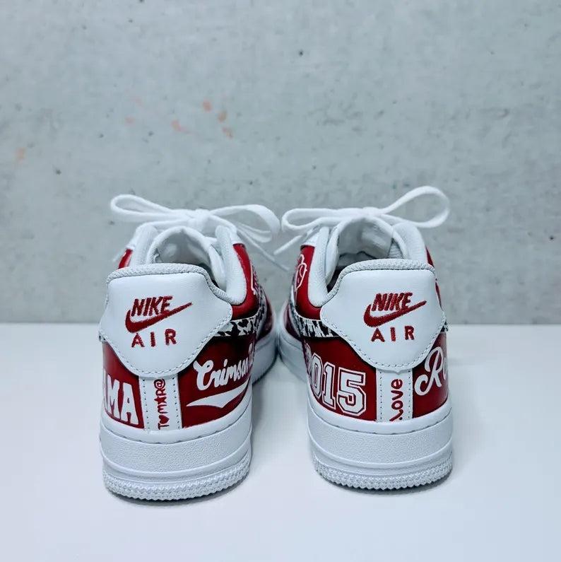 Custom Air Force 1 White Red With Houndstooth And Alabama Logos