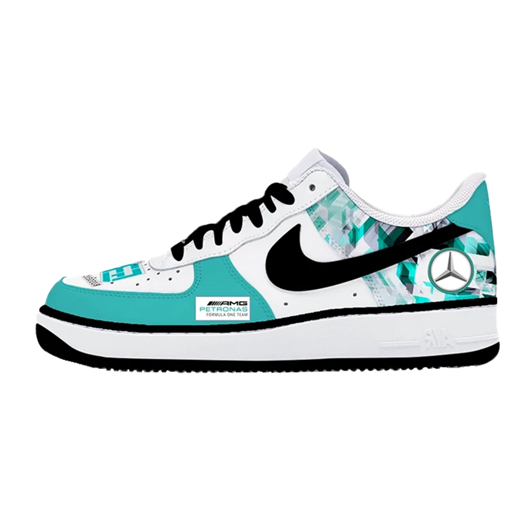 Custom Air Force 1 White Teal Diamond Pattern Mercedes Logo