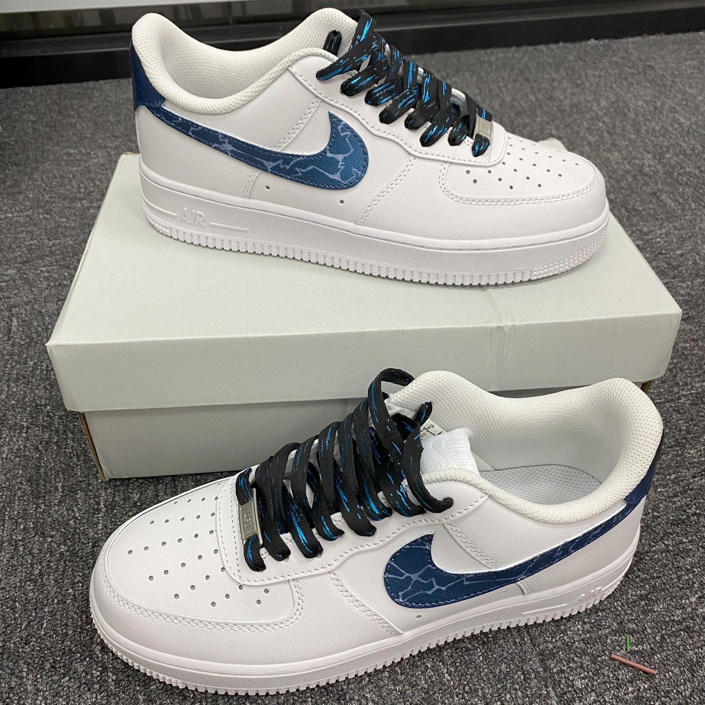 Custom Air Force 1 White With Blue Crackle Pattern And Blue