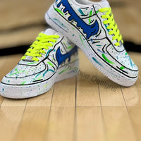 Custom Air Force 1 White With Blue Green Splatter And Yellow Laces