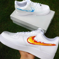 Custom Air Force 1 White With Blue Wave And Orange Flame Swoosh
