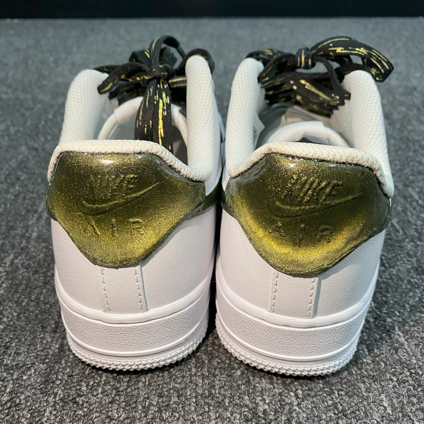 Custom Air Force 1 White With Gold Crack - like Pattern And Black Laces With Gold Accents