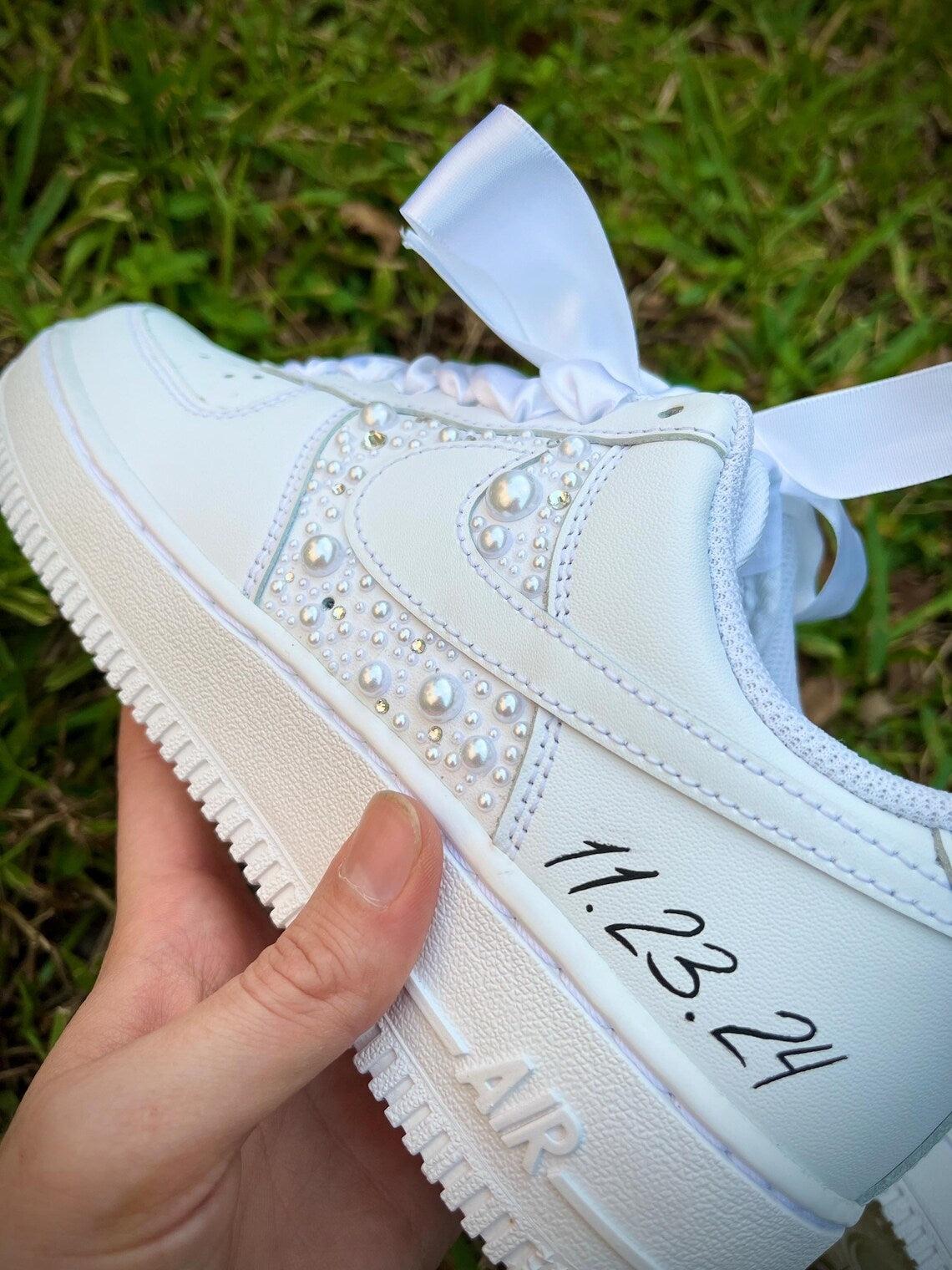 Custom Air Force 1 White With Pearls And Ribbons