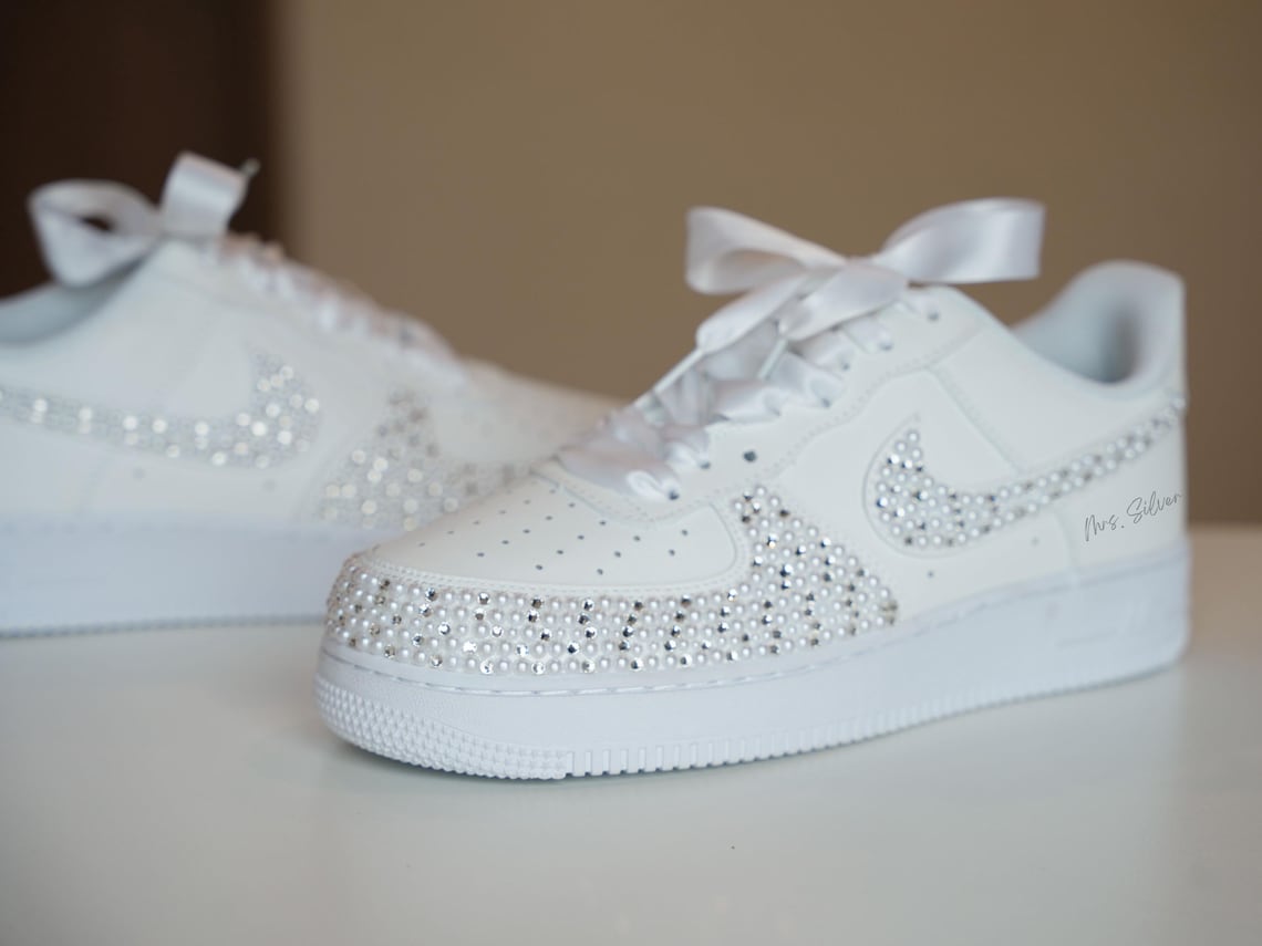 Custom Air Force 1 White With Rhinestones And Pearls And Personalized Name