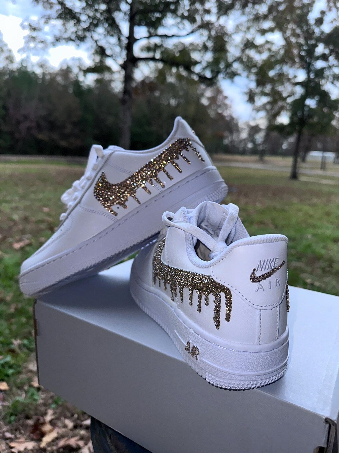 Custom Air Force 1 White With Rhinestones Drip Swoosh