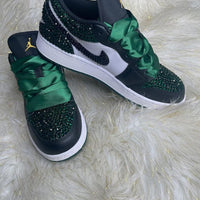 Custom Air Jordan 1 Black Green Rhinestones Satin Laces