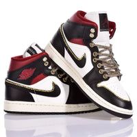 Custom Air Jordan 1 Black White And Red With Gold - Embellished Detailing