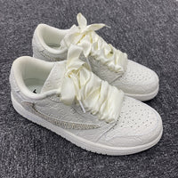 Custom Air Jordan 1 Travis Scott White LV Swoosh With Rhinestones