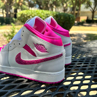 Custom Air Jordan 1 White And Hot Pink With Rhinestone Swoosh