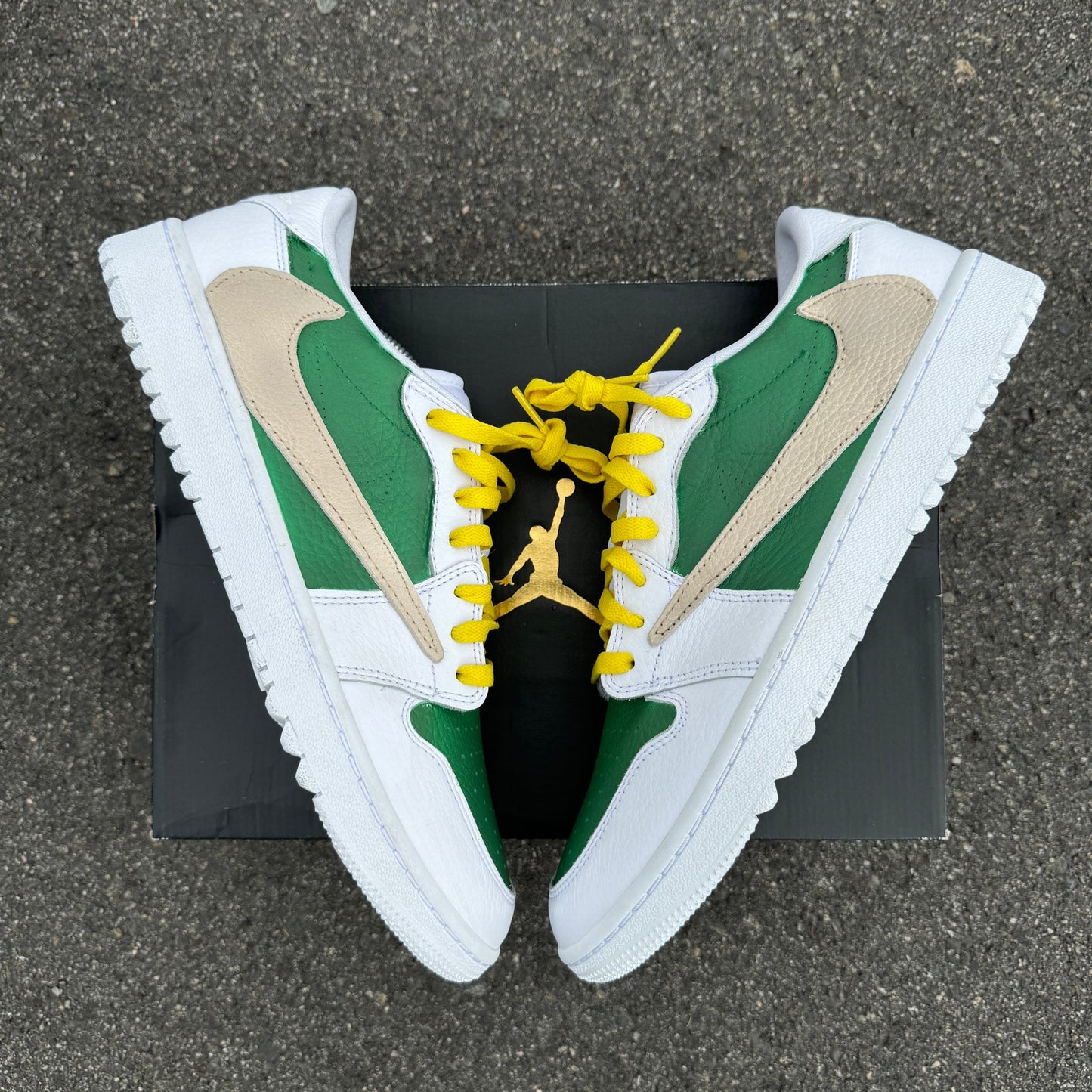 Custom Air Jordan 1 White Green With Yellow Laces And Beige Swoosh