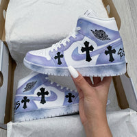 Custom AJ 1s Shoes Black Crosses White Light Purple