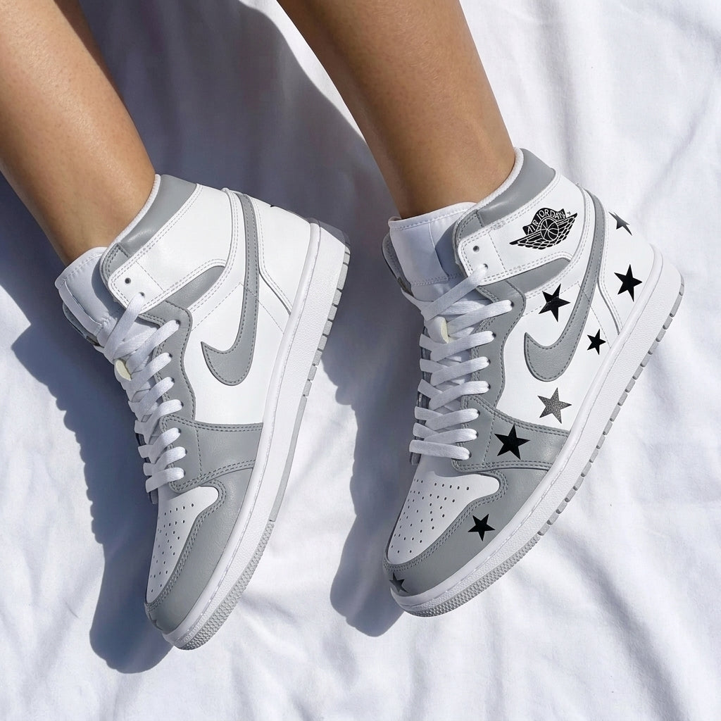 Custom AJ 1s Shoes Black Stars White Gray