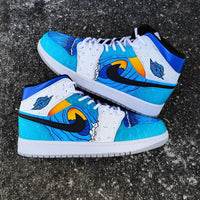 Custom AJ 1s Shoes Blue Orange White Ocean Wave Pattern Design