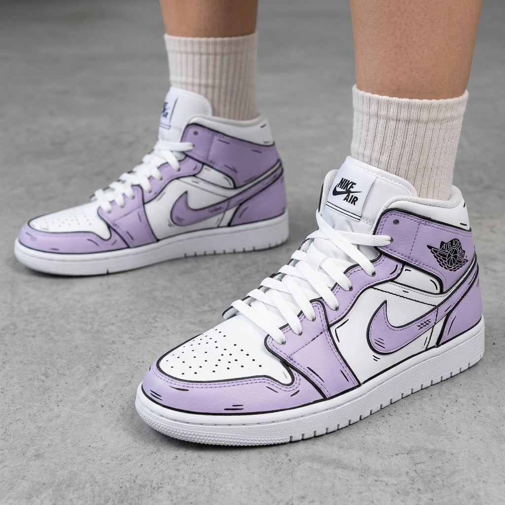 Custom AJ 1s Shoes Cartoon Line Art White Lavender