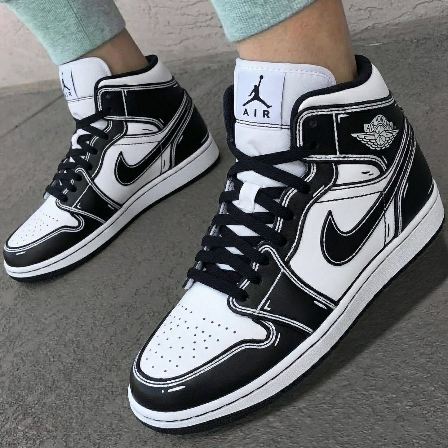 Custom AJ 1s Shoes Cartoon Line Pattern Black White