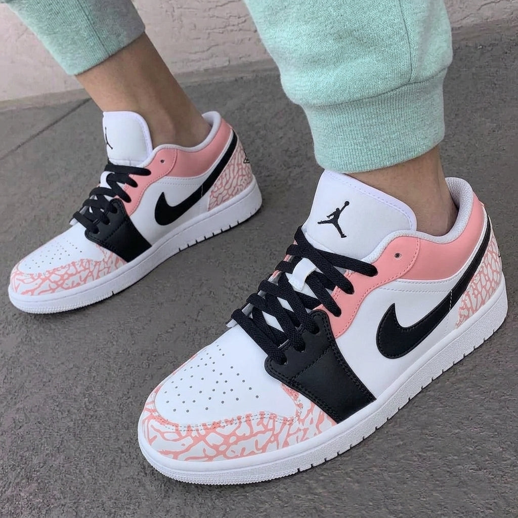 Custom AJ 1s Shoes Cracked Print Baby Pink Black