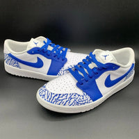 Custom AJ 1s Shoes Crackle Pattern Blue and White
