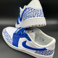 Custom AJ 1s Shoes Crackle Pattern Blue and White