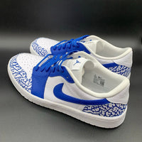 Custom AJ 1s Shoes Crackle Pattern Blue and White