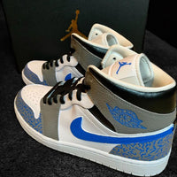 Custom AJ 1s Shoes Crackle Pattern Blue Grey White