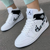 Custom AJ 1s Shoes Daisy Pattern White Black