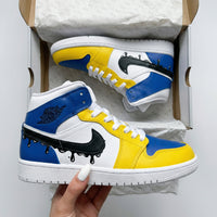 Custom AJ 1s Shoes Drip Black Swoosh Yellow Blue