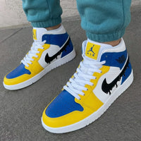Custom AJ 1s Shoes Drip Black Swoosh Yellow Blue