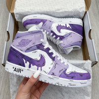 Custom AJ 1s Shoes Dripping Pattern White Purple