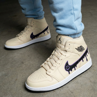 Custom AJ 1s Shoes Dripping Smiley Face Design Beige Purple