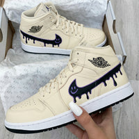Custom AJ 1s Shoes Dripping Smiley Face Design Beige Purple