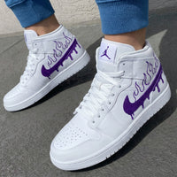 Custom AJ 1s Shoes Flames Drip Purple Swoosh White Purple