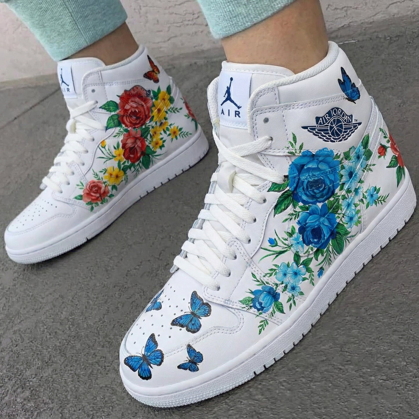 Custom AJ 1s Shoes Floral and Butterflies Blue and Red