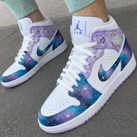 Custom AJ 1s Shoes Floral Galaxy Design Purple Blue